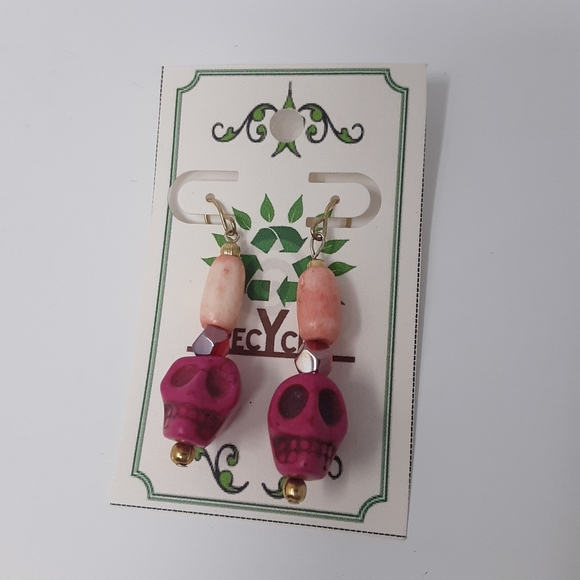 Handmade Pink Skull Earrings With Repurposed Beads - Picture 7 of 8
